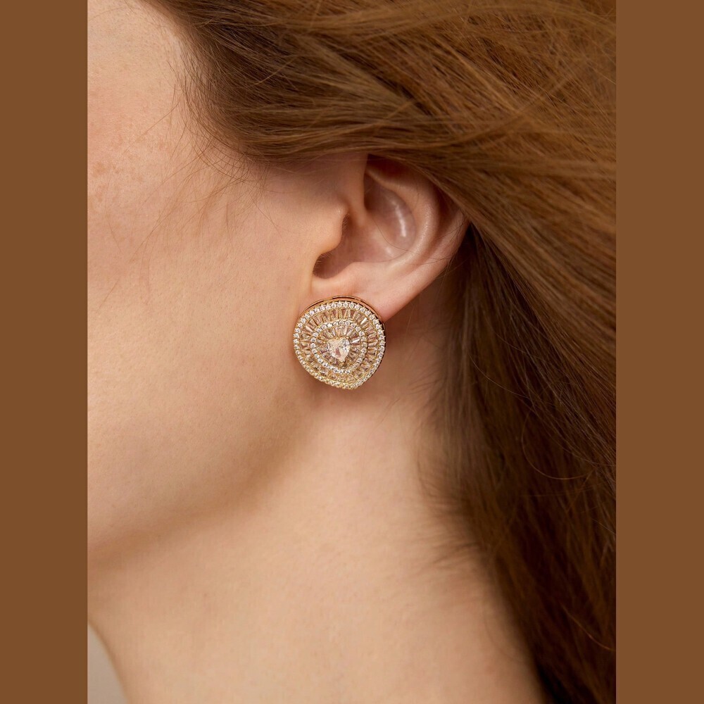 Gold Heart Center Rhinestone Cluster Halo Stud Earrings